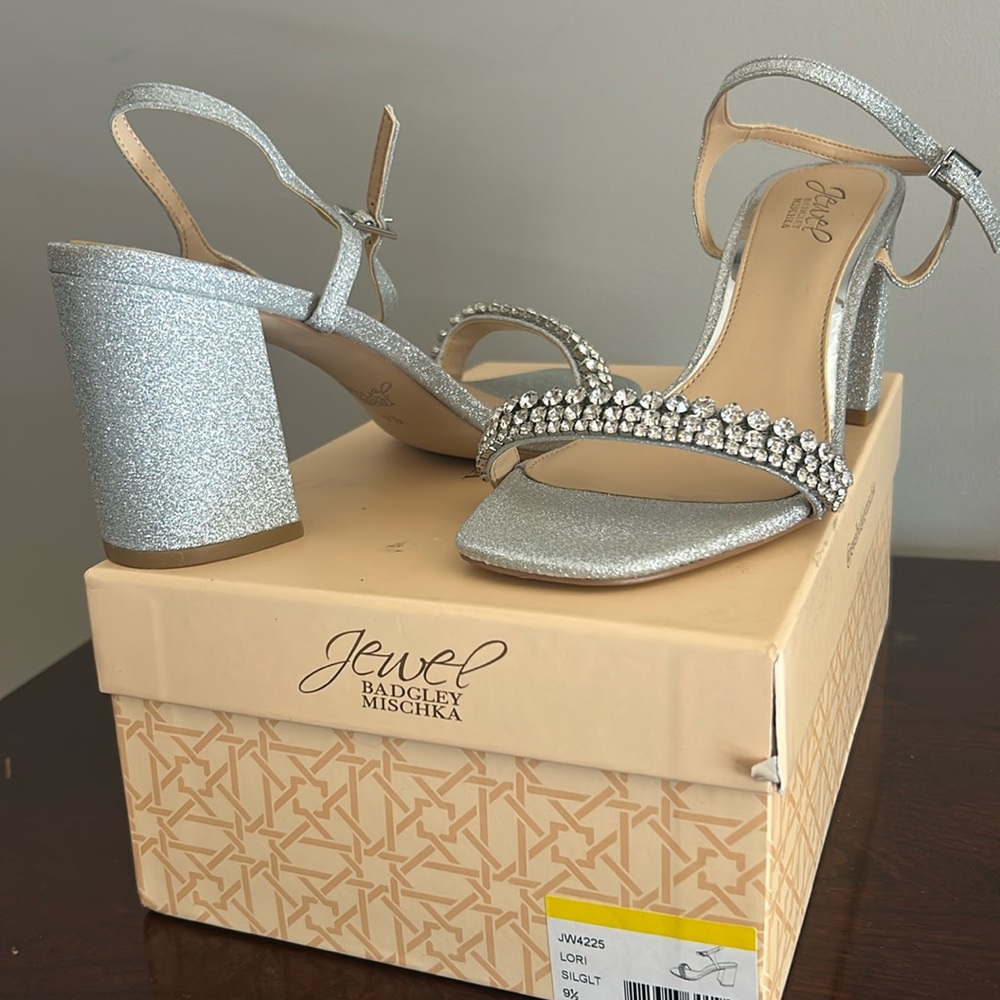Brand new and never worn shoes. Silver sling back with chunky heel. Size 9 1/2.